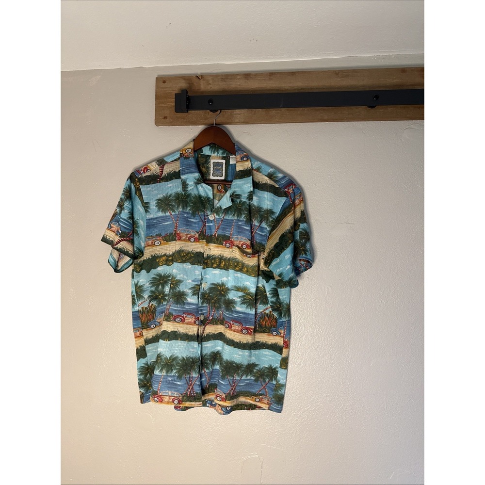 Ocean Current Hawaiian Shirt Vintage Men's Large Tropical‎ Woodie Car Blue Beach